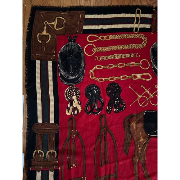 Ralph Lauren equestrian wool Silk horse Scarf Black Red 50x50” large READ - Picture 7 of 16